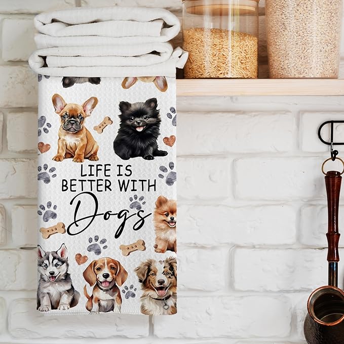 Watercolor Dog Kitchen Towels for Women Lovers, Life is Better With Dogs Decor, Mom Owner Gift Tea Hand Towels 16x24 Inch
