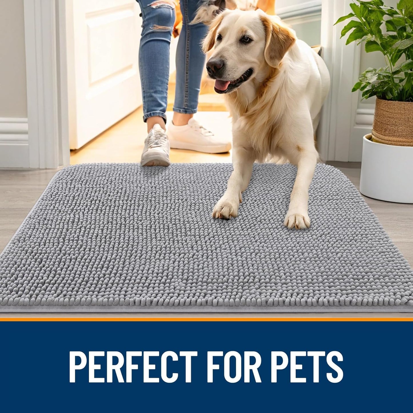 OLANLY Dog Door Mat for Muddy Paws 70x24, Absorbs Moisture and Dirt, Absorbent Non-Slip Washable Doormat, Quick Dry Chenille Mud Mat for Dogs, Entry Indoor Entryway Carpet for Inside Floor, Light Grey