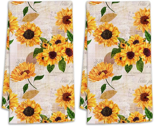 Vintage Sunflower Hand Towels for Bathroom,Yellow Flower Hand Bath Towels Soft Absorbent Dish Towels for Kitchen Bathroom Gym Beach Decorative Towels,Set of 2