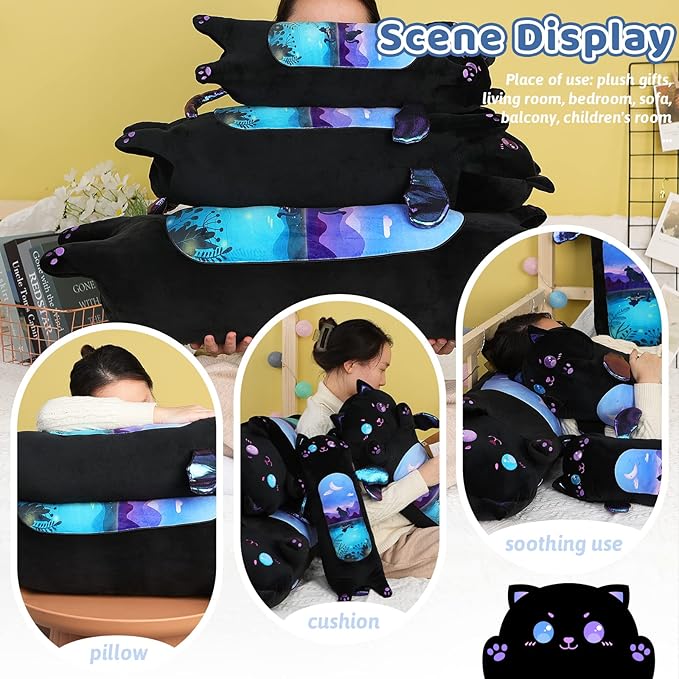 AIXINI Long Cat Plush Pillow Cartoon Cute Black Cat Stuffed Animals, Soft Kawaii Kitten Plushies Pillow Toy for Kids (Moonlight Black,19.7inch)