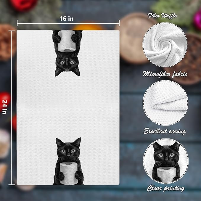 Funny Black Cat Hand Towels, Cat Bathroom Decor, Cats Lover Mom Lady Gifts Hand Towels for Bathroom Kitchen Decor, Cute Black Kitten Decorative Kitchen Dish Tea Towels, 16x24 Inch