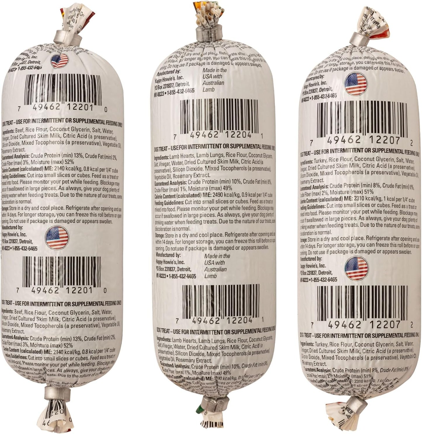 Happy Howie's Soft Meat Roll Treat - Soft Dog Food Rolls, Natural Ingredients, for All Dogs, Made in USA - Beef, Lamb, Turkey, 7 Oz (Pack of 6)