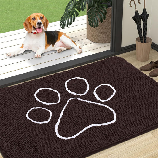 OLANLY Door Mat for Muddy Dog Paws 47x32, Ultra Absorbent Chenille Mud Doormat with Paw Print Design, Non-Slip Washable Doormat for Indoor Entryway, Quick-Dry Pet Bed Mats for Dirty Dogs, Brown