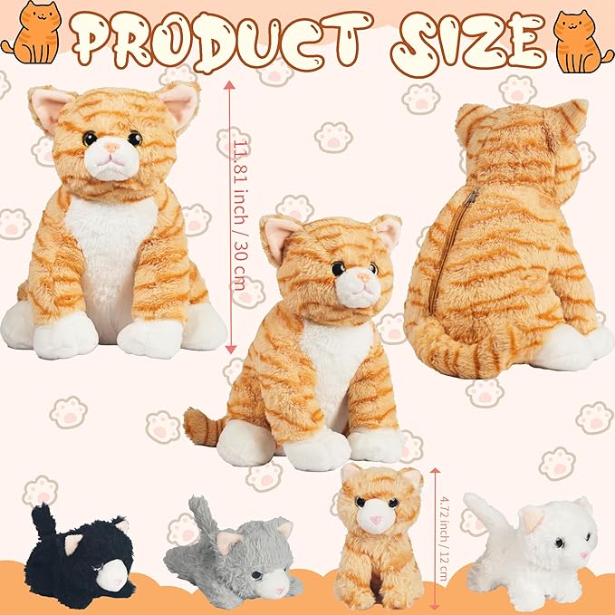 5 Pieces Cat Stuffed Animal Plush with Babies Inside, Mommy Stuffed Orange Tabby Cat with 4 Kittens Stuffed Animal, Kitty Cats Plushies Toys Pillow Plush for Kids Boys Girls Birthday Christmas Party