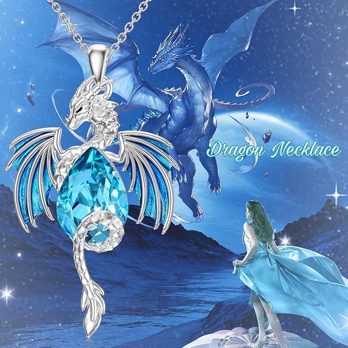 Dragon Necklace for Men Sterling Silver Birthstone Wyvern Necklace Embllished with Teardrop Shaped Crystal Jewelry for Women