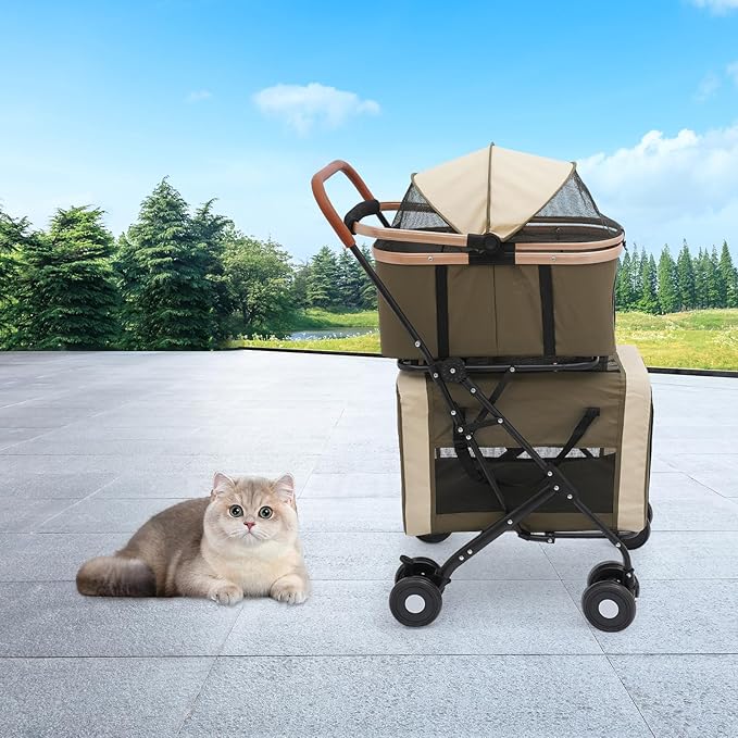 Foldable Pet Stroller for Small & Medium Dogs, Double Dog & Cat Stroller with 3-in-1 Travel System, Detachable Pet Carrier with Wheels for Cats and Dogs up to 77 lbs, Dark Green