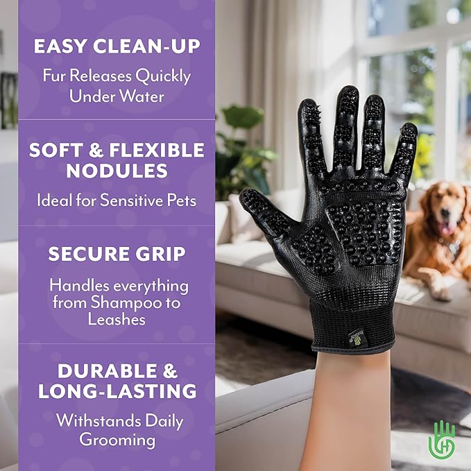 H HANDSON Pet Grooming Gloves - Patented #1 Ranked, Award Winning Shedding, Bathing, & Hair Remover Gloves - Gentle Brush for Cats, Dogs, and Horses (Mono Green, Large)