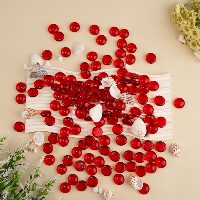1LB Red Glass Marbles, Transparent and Smooth Flat Glass Beads for Vases, Mosaic Gem Pebbles for Aquarium Decor, Floral Arrangements, Mancala Stones, Vase Filler and Crafts (Approx. 80-100 PCS)