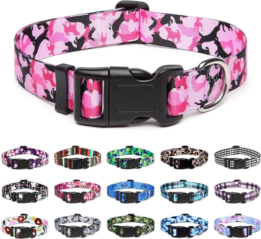 Mercano Adjustable Dog Collar - Special Design Patterns, Soft Nylon Comfortable Durable Pet Collar for Small Medium Large Dogs (S, Dog Camouflage Pink)