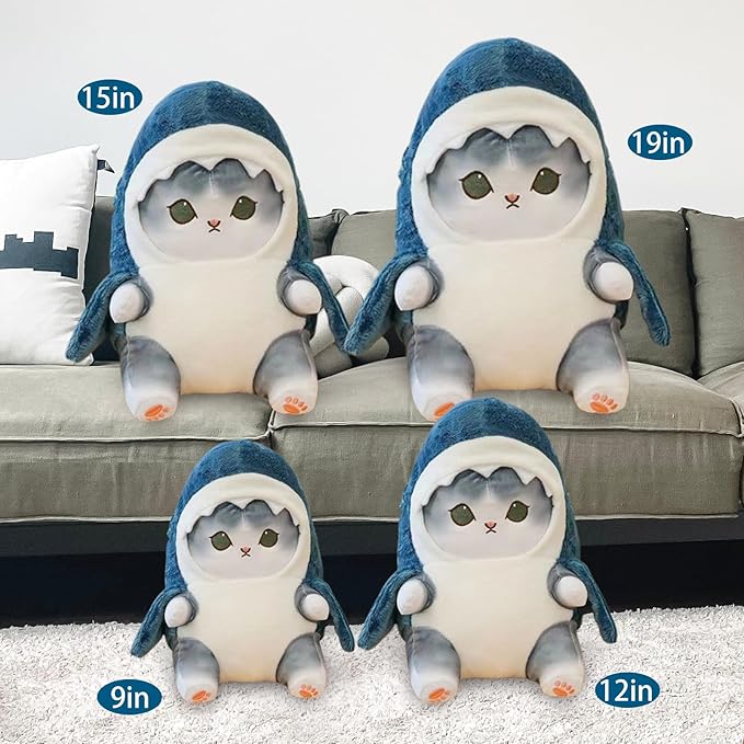Kawaii Shark Cat Plush Toy Stuffed Animal Doll, Cute Soft Pillow Stress Release Hugs Toys Christmas Halloween Birthday Gifts for Kids Boys Girl Best Gift (Blue - Grey,15 inch)
