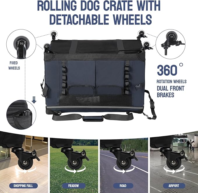 30IN Soft Collapsible Dog Crate w Detachable Wheels, Rolling Travel Dog Crate for Medium Breed Dogs, Portable Dog Kennel with Mesh Windows, Indoor & Outdoor Uses
