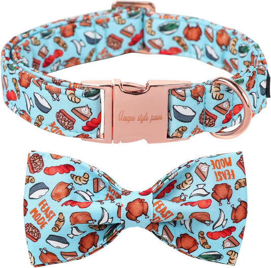 Unique Style Paws Thanksgiving Day Dog Collar with Bow Blue Turkey Cotton Puppy Collars for Small Medium Large Dogs