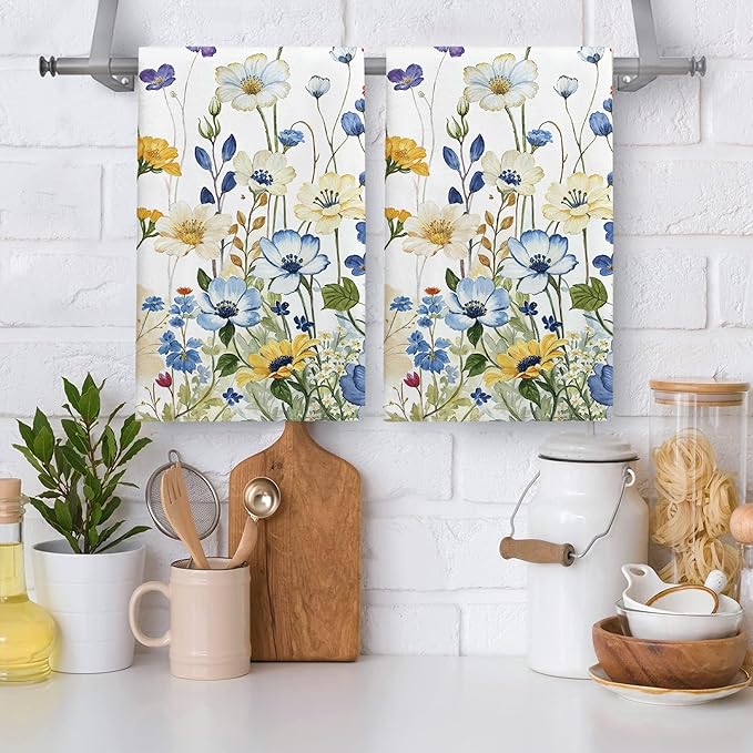 kampdream Faxdong Floral Hand Towel Set of 2, Watercolor Wildflower Botanical Plant Leaves Design Soft Absorbent Towels for Home Hotel Gym Spa Bathroom, Multi1 16×27 inch