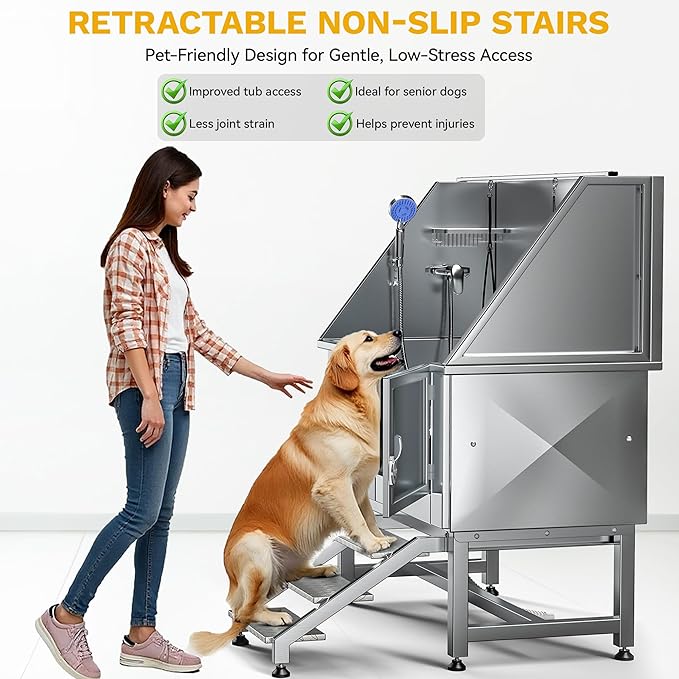 DWVO Professional Pet Dog Bathing Station for Grooming, 50'' Dog Grooming Bathtub with Right Staris, Floor Grate, Faucet, Showerhead & Soap Holder for Large, Medium & Small Pets