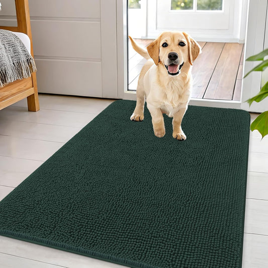 OLANLY Dog Door Mat for Muddy Paws 44x32, Absorbs Moisture and Dirt, Absorbent Non-Slip Washable Doormat, Quick Dry Chenille Mud Mat, Entry Indoor Entryway Carpet for Inside Floor, Blackish Green