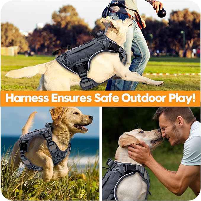 Heavy-Duty Tactical Dog Harness for Large Dogs, No Pull Adjustable Reflective Pet Vest with Molle System, K9 Military-Grade Control for Service Training, Outdoor & 10+ Breeds, Gray Camo, Large