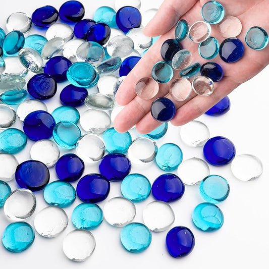 1LB Mixed Blue Glass Marbles, Transparent and Smooth Flat Glass Beads for Vases, Mosaic Gem Pebbles for Aquarium Decor, Floral Arrangements, Mancala Stones, Vase Filler and Crafts (Approx. 80-100 PCS)