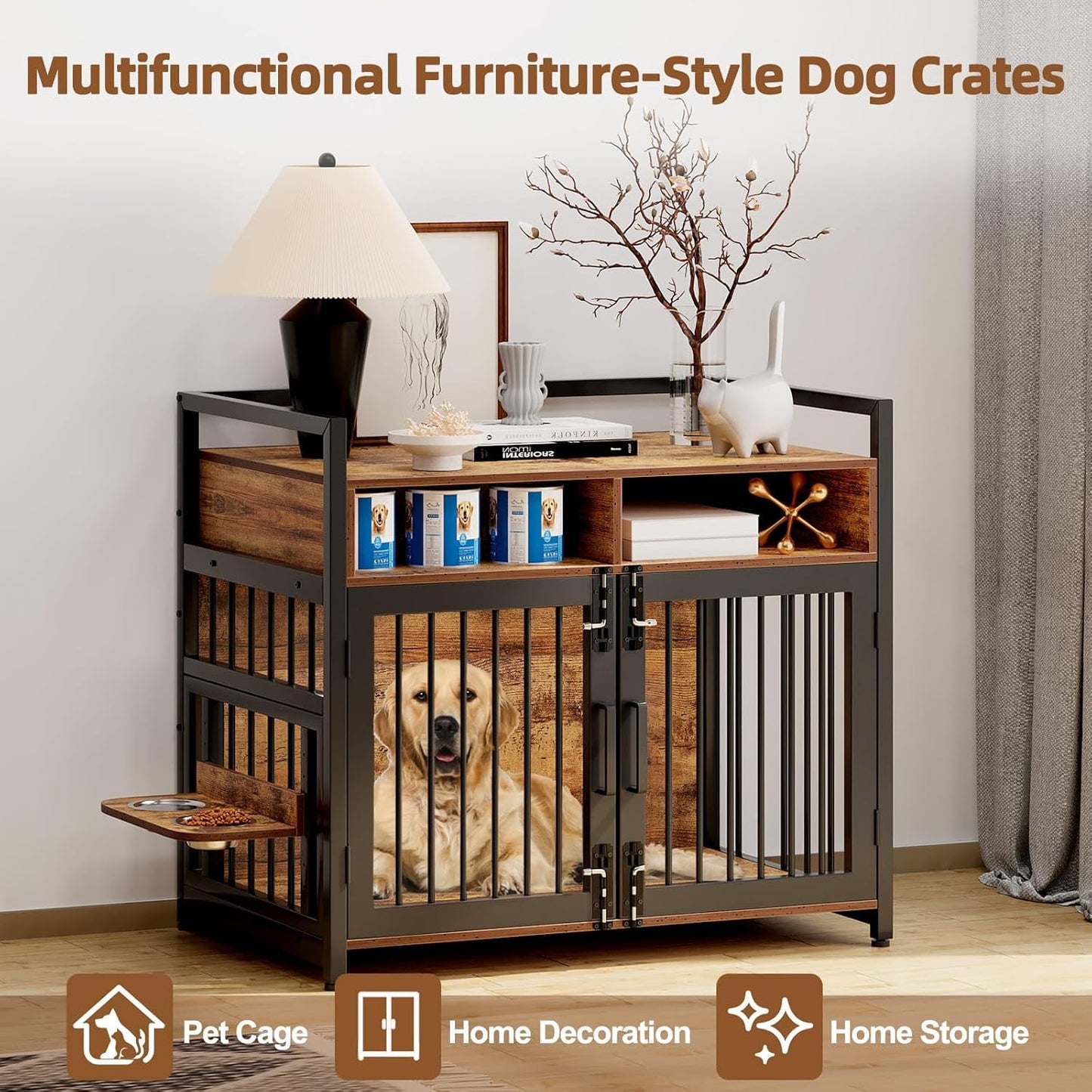 Large Dog Crate Furniture, 41 Inch Wooden Dog Crate, Heavy Duty Dogs Kennel with 2 Drawers Storage, 360° Adjustable Raised Feeder, Indoor Dogs House End Table