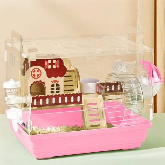 8 in 1 Clear Acrylic Hamster Cage with All Accessories,13.5''L* 10''W* 13''H Dwarf Hamster Cage,Small Hamster Habitat,Garden Style Mouse Cage for Pet Mice,Hamster Enclosure(1-Layer,Pink)