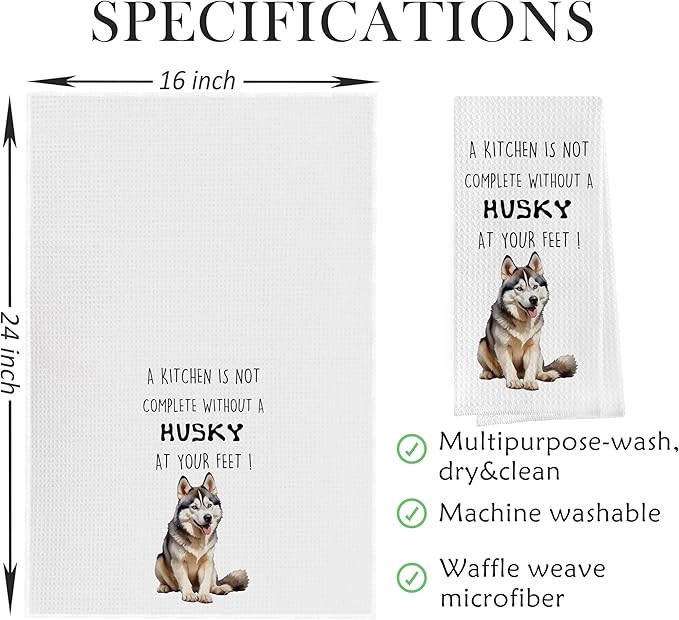 Funny Husky Dish Towels Set - Decorative Waffle Weave Kitchen Hand Tea Towels, Siberian Husky Gifts (1624 Inches, Set of 2)