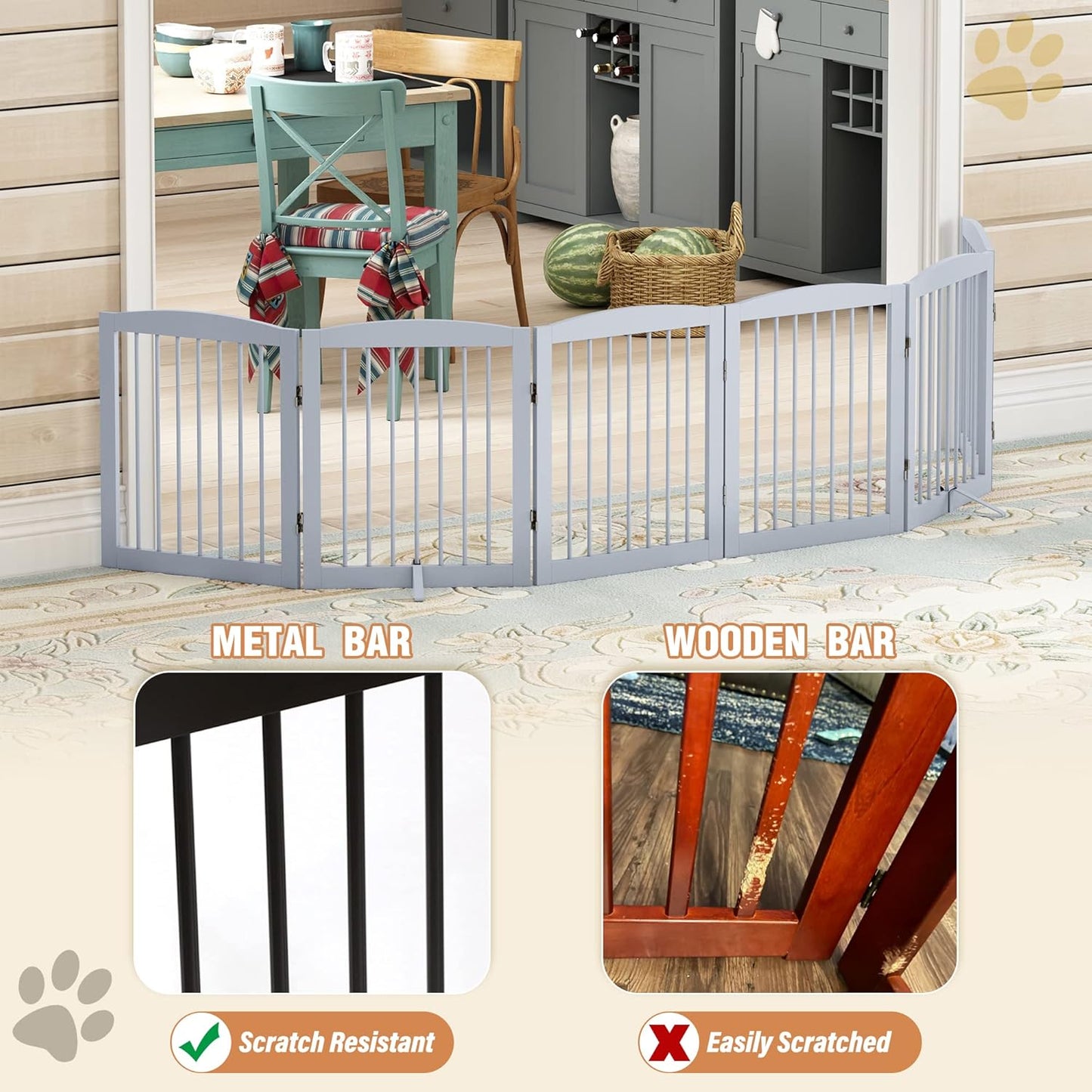 Freestanding Pet Gate for Dogs, Foldable Wooden Dog Gate for House, Extra Wide Indoor Pet Barrier for Stair, Doorway, Hall, Support Feet Included, 120 Inch Wide, 6 Panels 24", Grey