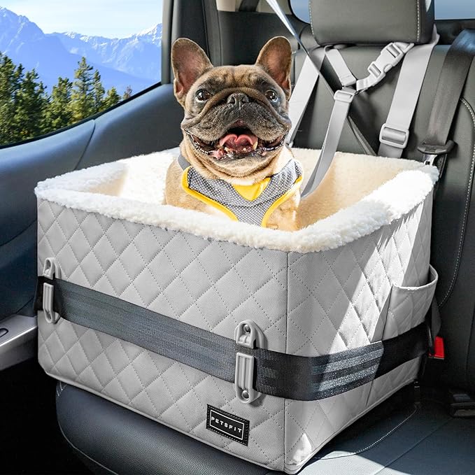 PETSFIT Small Dog Car Seat, Soft Foam Dog Booster Car Seat with Patented Safety Buckles, Storage Pockets and Detachable Clip-On Safety Leash, Dog Car Seat for Medium Dogs 30 LBS (Grey)