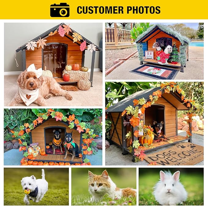 Aivituvin Dog House with Anti-Chewing Metal Frame Outdoor Large Wooden Dog Kennel Outside with Overhang Roof Large Porch Weatherproof