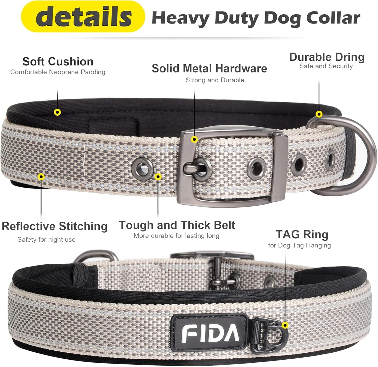Fida Heavy Duty Dog Collar, Ultra Comfortable Soft Neoprene Padded, Adjustable Reflective Nylon Pet Collar with Durable Metal Belt Buckle for Large Breeds (L, Grey)