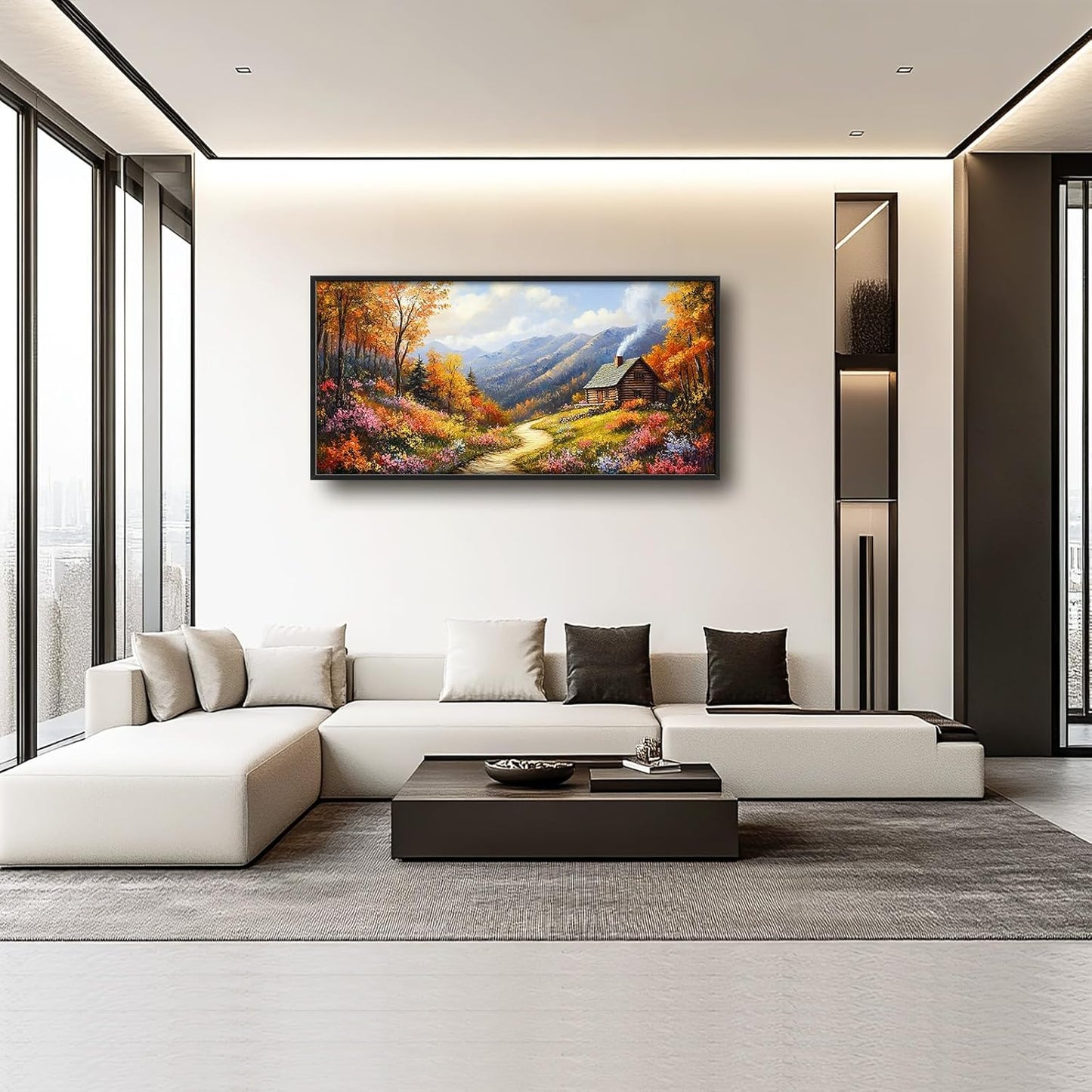 Framed Large Autumn Mountain Wall Art for Living Room, Oversized Wildflower Tree Wall Decor Nature Landscape Canvas Painting Modern Artwork Home Decoration for Living Room Bedroom 60"x30"