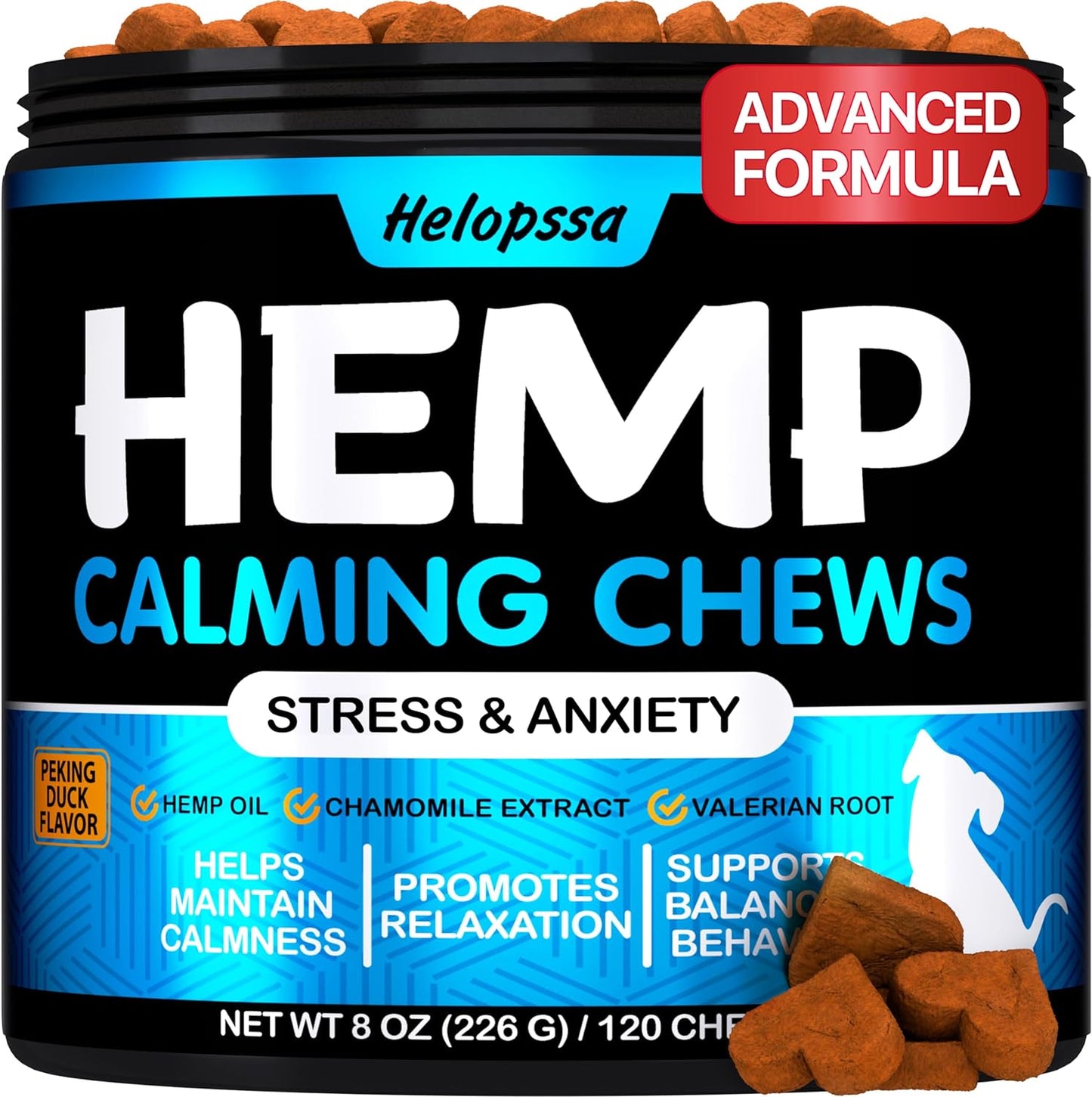Hemp Calming Chews for Dogs with Anxiety and Stress - Anxiety Relief Chews for Storms, Fireworks, Thunder, Barking, Separation - Valerian, L-Tryptophan, Hemp Oil - Peking Duck- 120 Dog Calming Treats