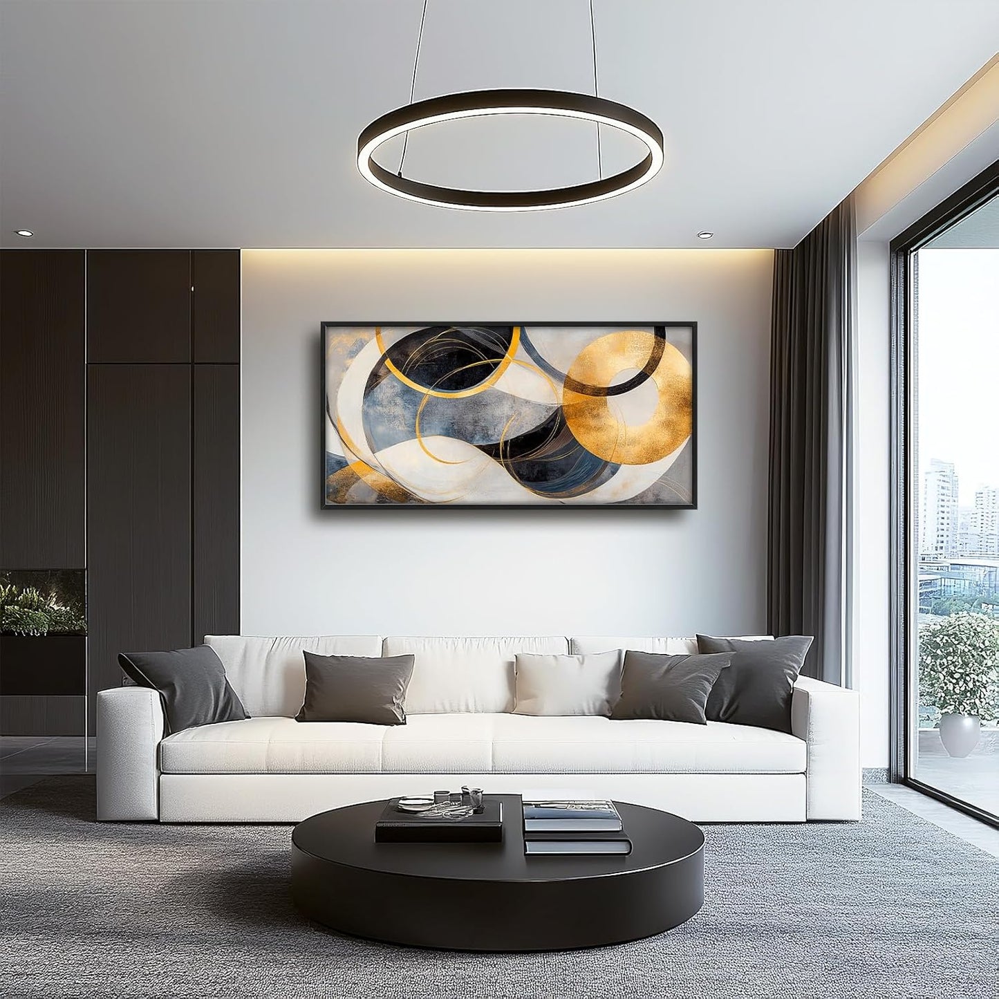 Large Abstract Wall Art for Living Room, Oversized Abstract Circle Wall Decor, Black and Golden Abstract Canvas Painting Modern Artwork Home Decoration for Living Room Bedroom Office Framed 60"x30"