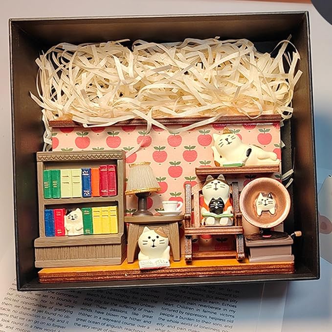 Miniature Figurines Cute Bookshelf Cat Figurine Office Desk Decor Funny Gifts