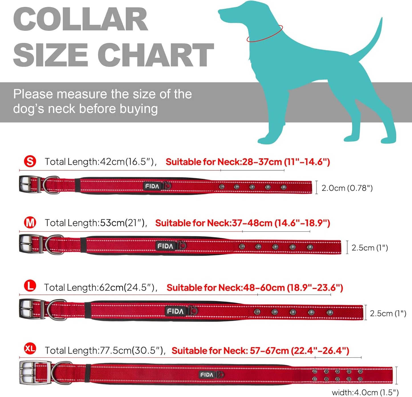 Fida Heavy Duty Dog Collar, Ultra Comfortable Soft Neoprene Padded, Adjustable Reflective Nylon Pet Collar with Durable Metal Belt Buckle for Medium Breeds (M, Red)
