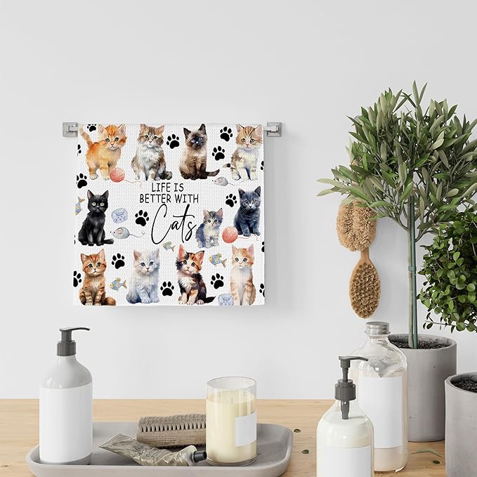 Watercolor Cat Gifts Kitchen Towels, Cat Gifts for Women, Cat Gifts for Cat Lovers, Best Cat Mom Gift, Life is Better with Cats Kitty Decoration Tea Towels Kitchen Hand Towels 16x24 Inch