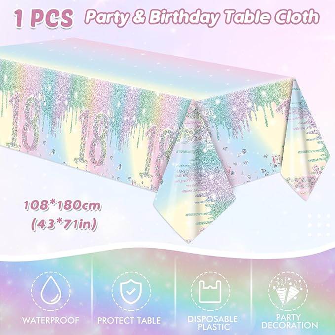 18th Birthday Party Decorations Tableware for Girls, Iridescent Macarons Diamond Happy 18th Birthday Supplies Includes 20 Plates 20 Napkins and 1 Tablecloth for Adult Boys Girls 18 Year Old Bday