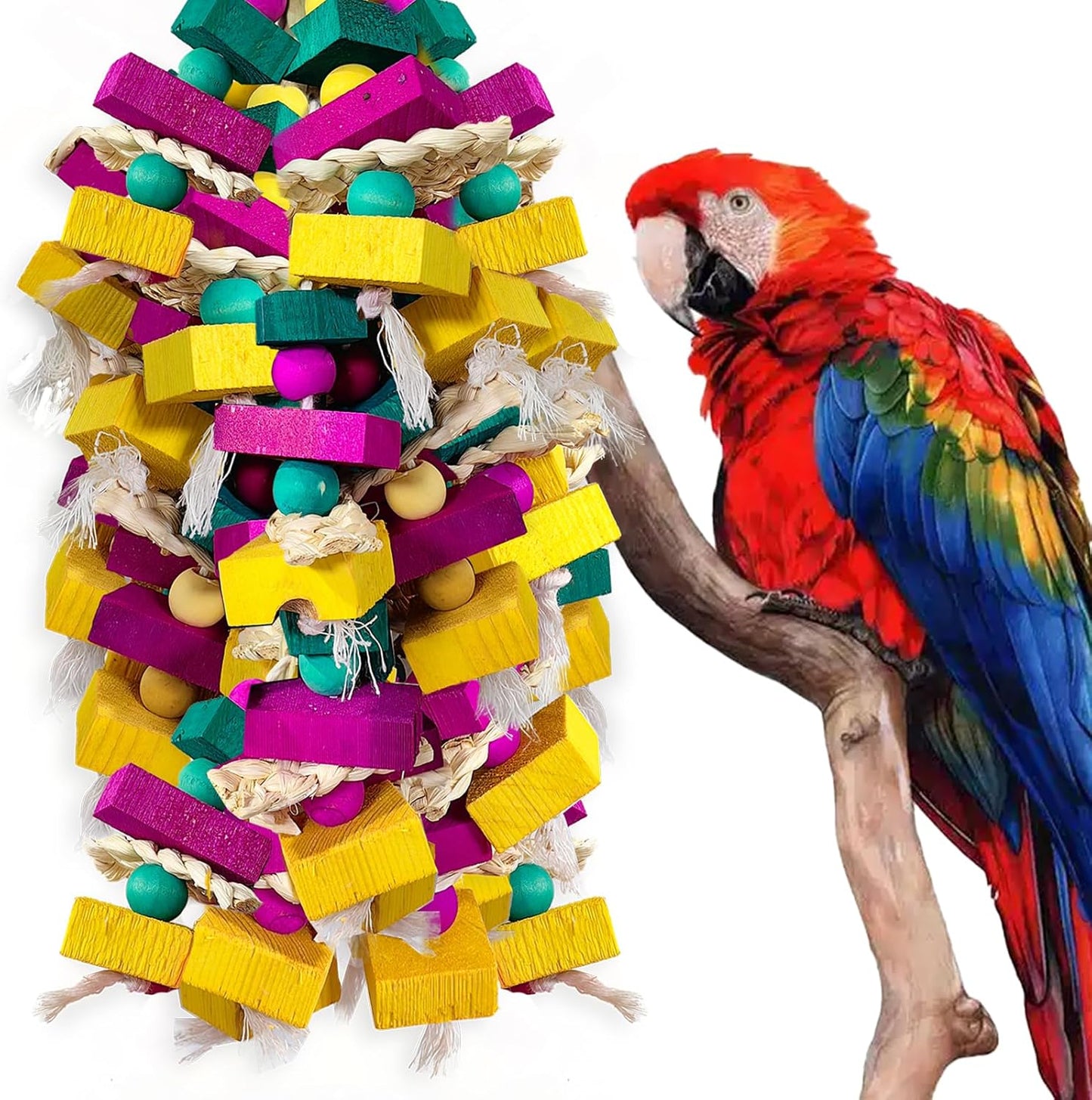 Large Bird Toys, Multi-Color Wooden Block with Bamboo Support Bird Chewing Toy Parrot Cage Bite Toy for Macaws Cokatoos African Grey and Large Medium Parrot Birds