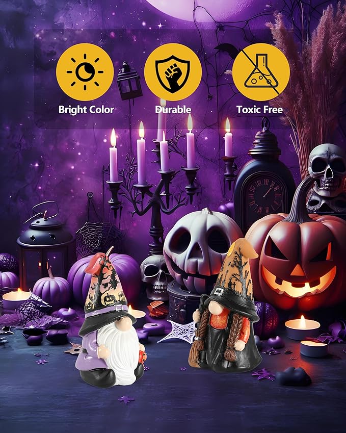 Halloween Gnomes and Witch Figurines - 2Pack Lights Up Fall Gnome Ornaments - 4.5'' Resin Indoor Halloween Decor for Women (Gnomes)