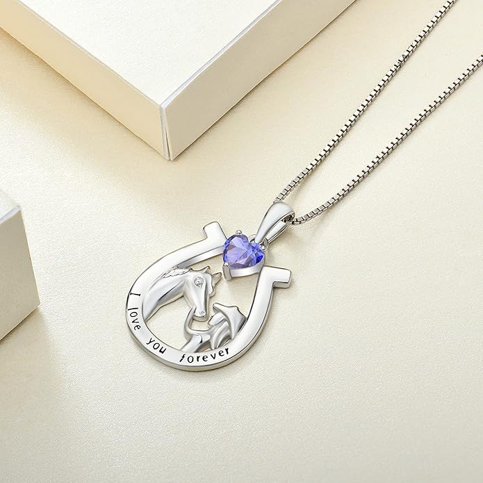 YL Women's Horse Necklace 925 Sterling Silver Horseshoe Pendant Birthstone Animals Jewelry