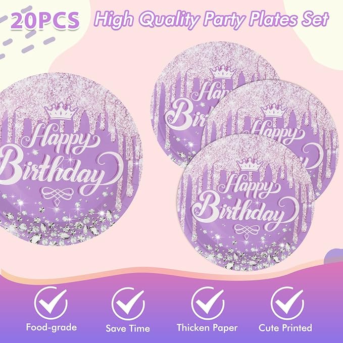 41Pcs Purple Birthday Tableware Set for Happy Birthday Table Decorations Purple Theme Birthday Dessert Plates Napkins Tablecloths for 20 Guests Girls Women Silver Glitter Birthday Party Supplies