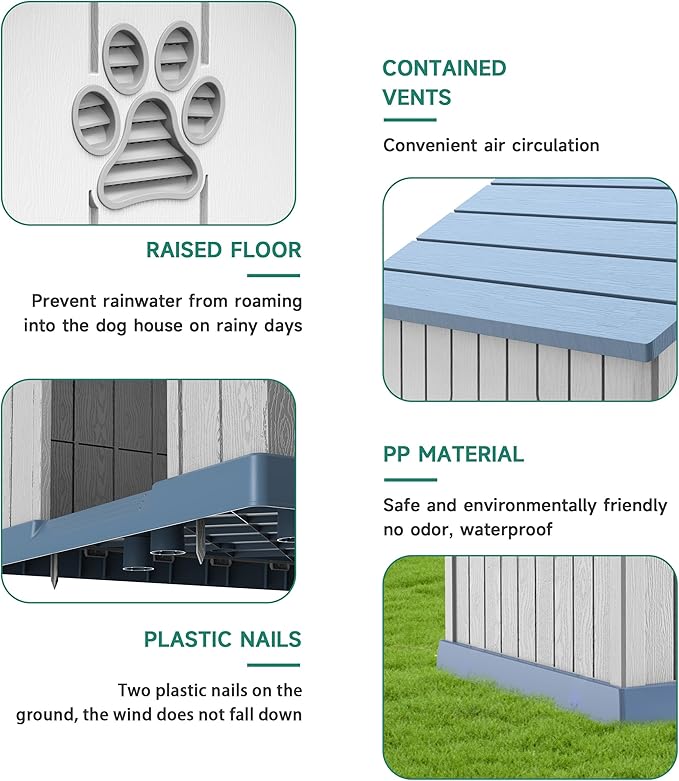 DRATO Indoor Outdoor Waterproof Dog House,PP Material,Puppy Shelter with Air Vents and Elevated Floor,Sturdy Dog Kennel for Small to Large Sized Dogs, Easy to Assemble (Blue, 38.62×36.26×38.07 Inches)