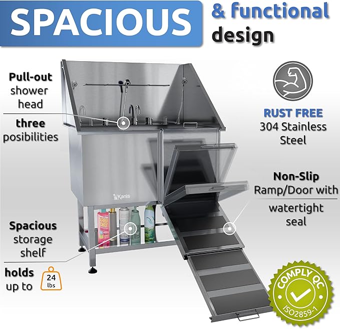 KANIS Professional Dog Washing Station - 304 Stainless Steel Pet Wash Sink & Grooming Bath Tub for Home with Ramp, Shower, Floor Grate, Storage Shelf, Faucet, Drain Kit for Large, Medium & Small Pets