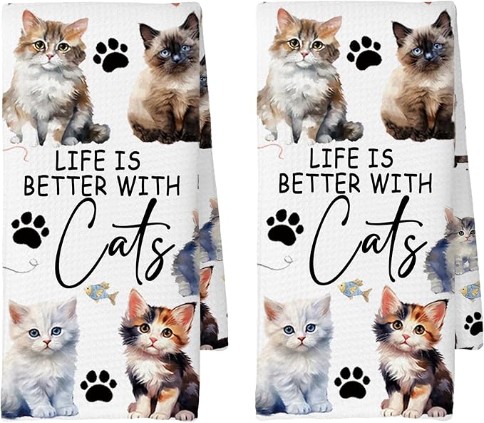 Watercolor Cat Kitchen Towels Set of 2, Cats Gifts for Women Cat Lovers, Cats Owner Gifts Decoration Tea Towels Kitchen Hand Towels 16x24 Inch