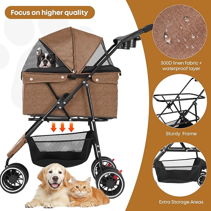 Pet Stroller,Dog Stroller for Small Medium Dogs Cats,3 Wheels,Foldable,with Breathable Mesh Canopy,Cup Holders,Easy Assembly,Deep Brown