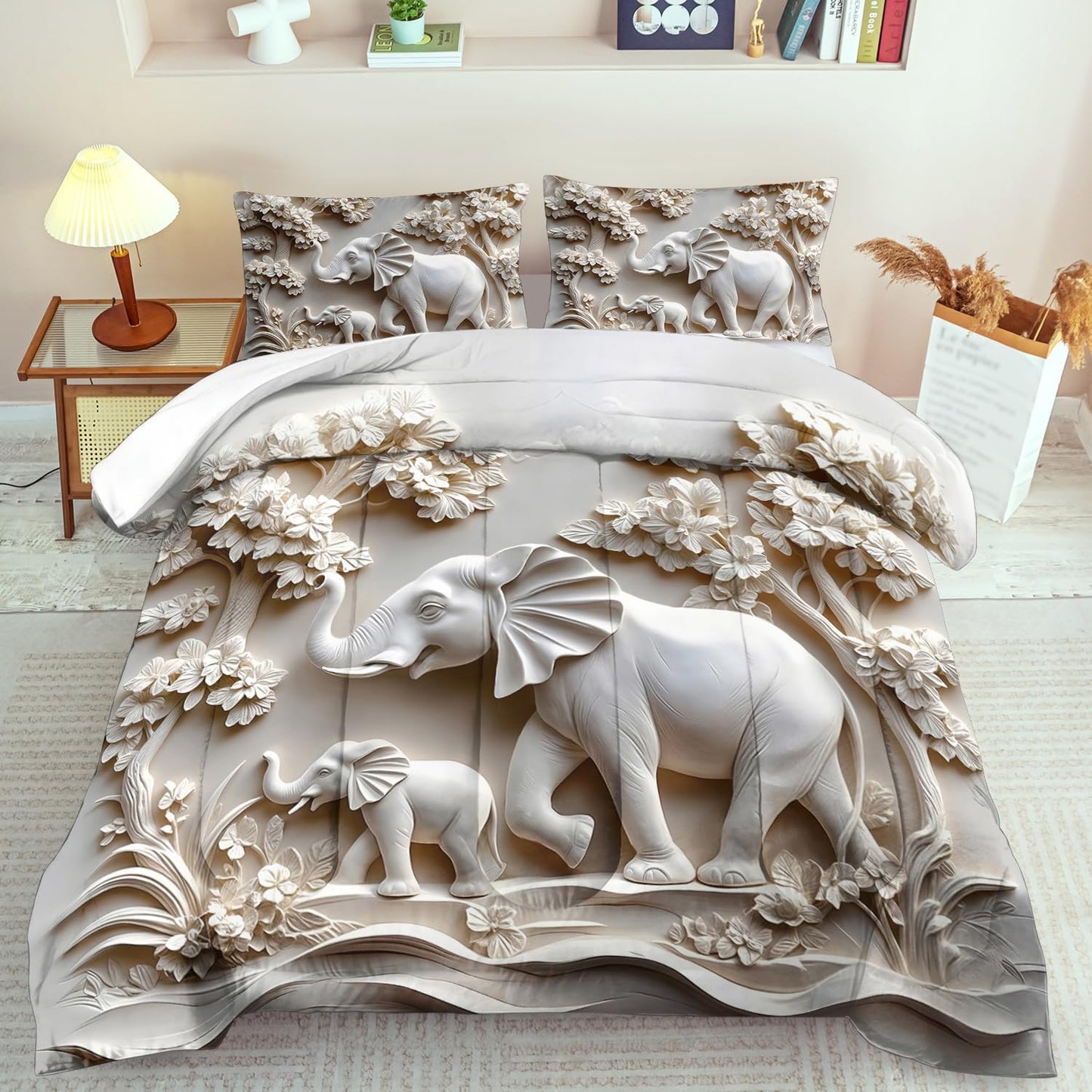 Elephant Comforter Set Queen Adult, White Animal Bedding Set Queen for Man, Cute Animal Comforter for Kids,Elephant Quilt Pattern White Bedroom Decor Womens, Relief Bedding
