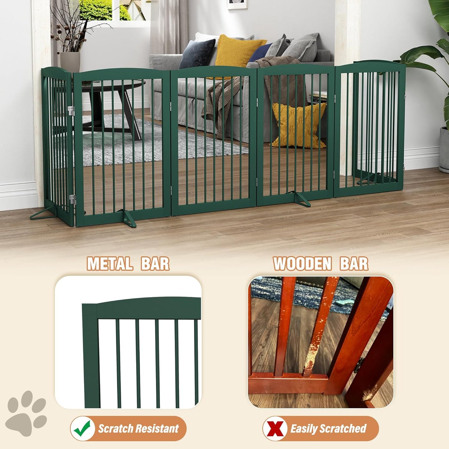 Freestanding Pet Gate for Dogs, Foldable Wooden Dog Gate for House, Extra Wide Indoor Pet Barrier for Stair, Doorway, Hall, Support Feet Included, 120 Inch Wide, 6 Panels 24",Green