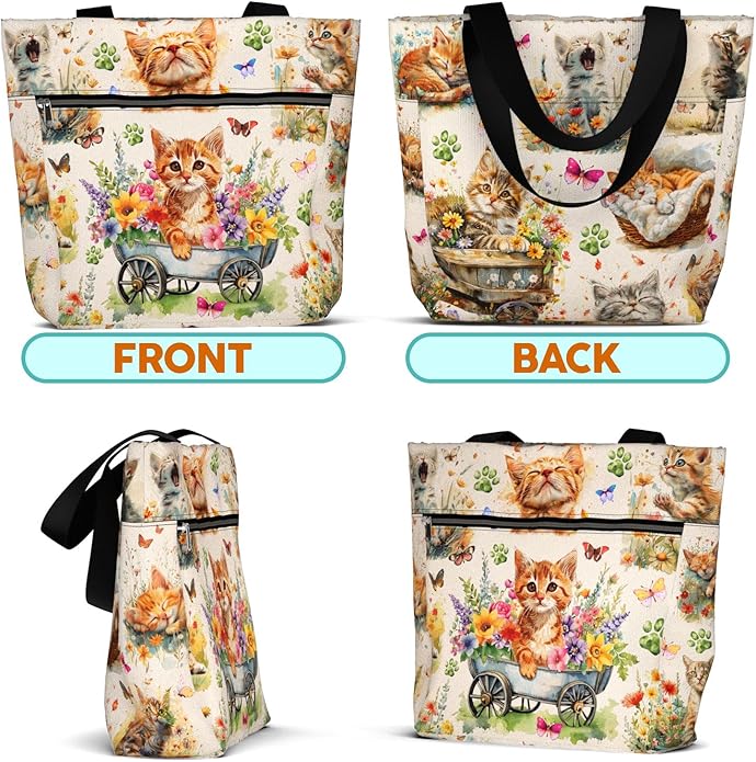 Waterproof Tote Bag with Pockets and Zipper for Work. Shoulder Bag for Women. Gift for Cat Lover Cat Owner.