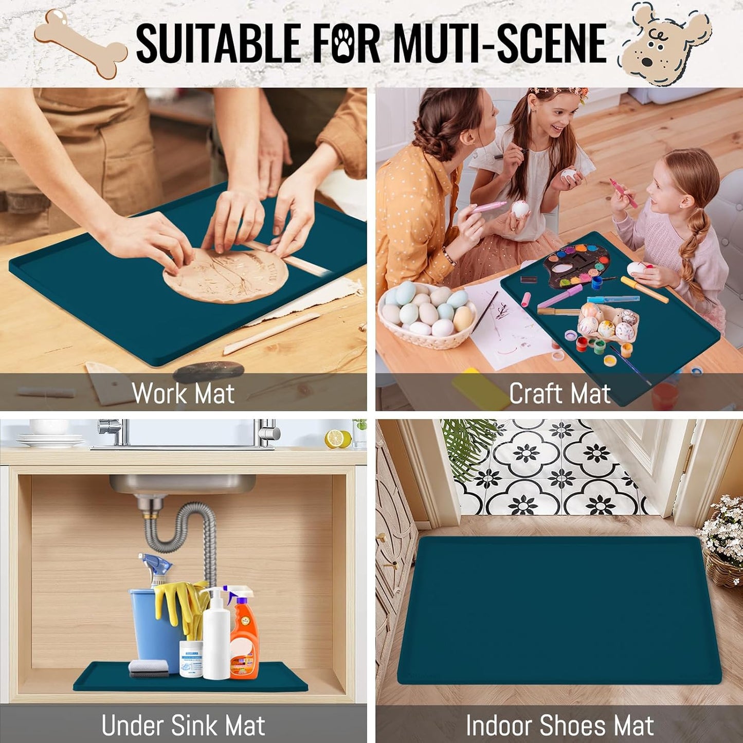 MateeyLife Dog & Cat Food Mat, Waterproof & Nonslip Silicone Feeding Mats for Dogs and Cats, Raised Edge Tray for Messy Drinkers, 22"x14", Navy