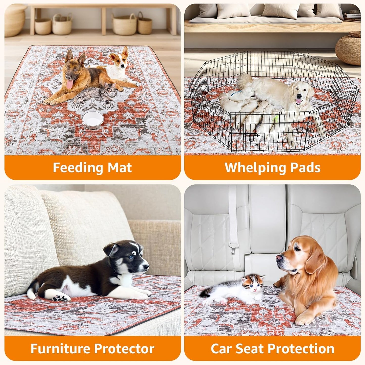 LOOBANI Washable Pee Pads for Dogs, 1 Pack Super Absorbent Reusable Puppy Pads Leakproof Dog Traning Pads, Waterproof Non-Slip Whelping Pad for Floor, Playpen, Crate, Couch-72 x72 (Red-Orange)