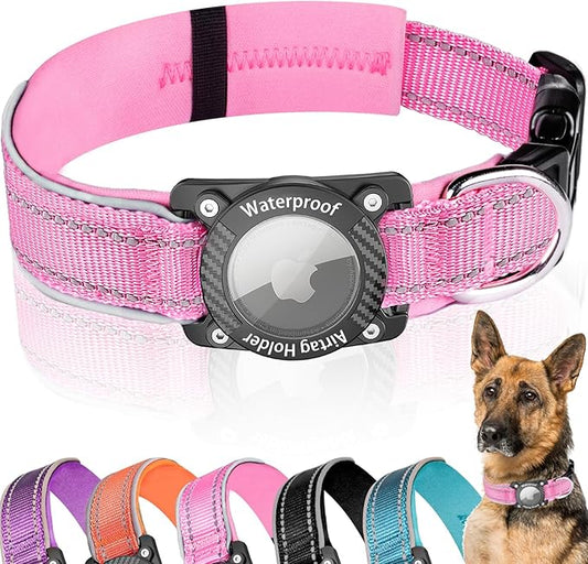 Upgraded AirTag Dog Collar, IP68 Waterproof Dog Collar with Apple Air Tag Holder, Reflective Adjustable Heavy Duty Dog Collars with Soft Padded for Small, Medium and Large Dogs,Pink, S