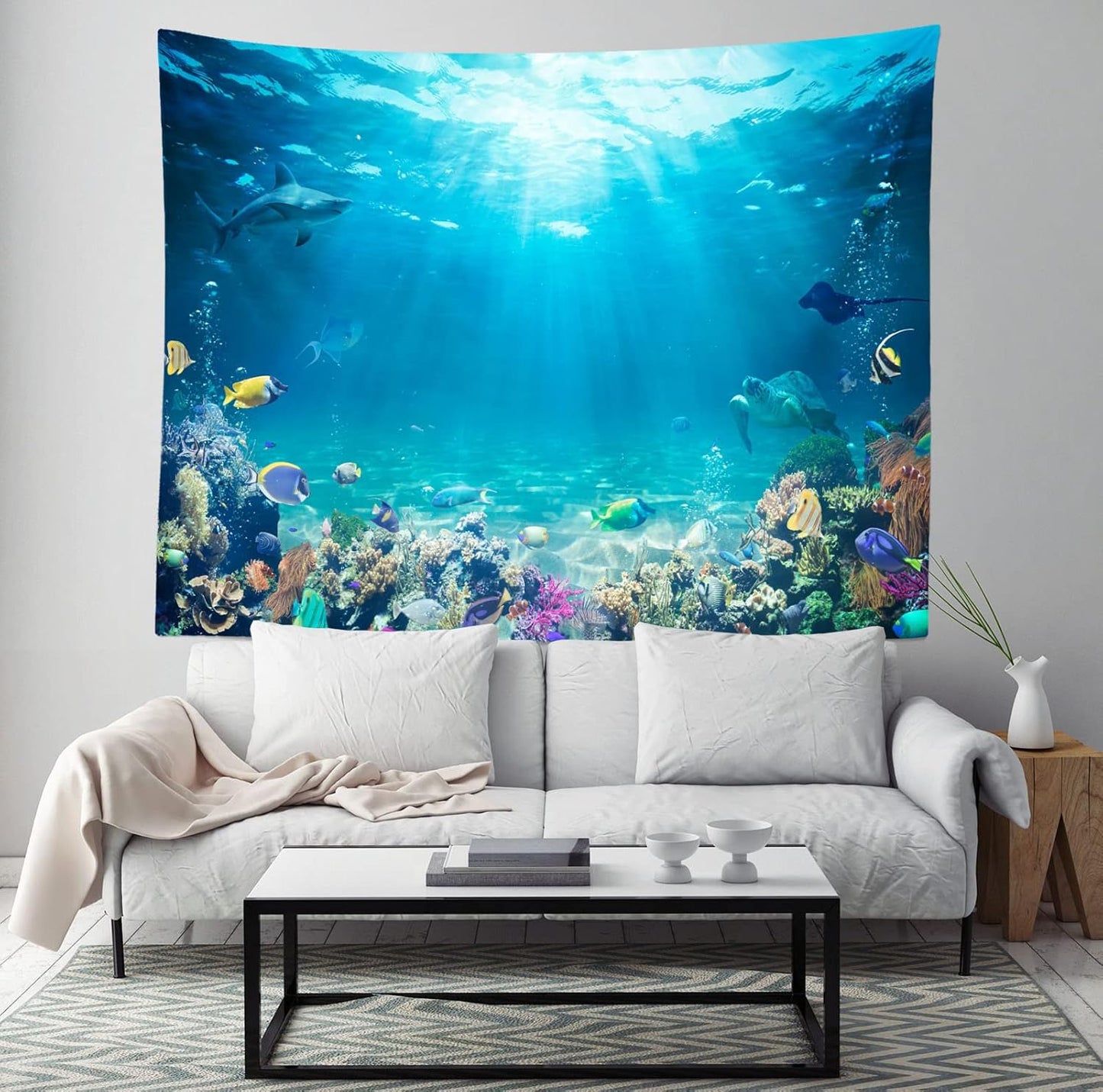 Loccor Underwater World Tapestry Blue Ocean Wall Hanging Under the Sea Coral Reef Wall Tapestry 60X50 Inches Tropical Fish Tank Undersea Tapestries Marine Wall Art for Bedroom Living Room Dorm Decor